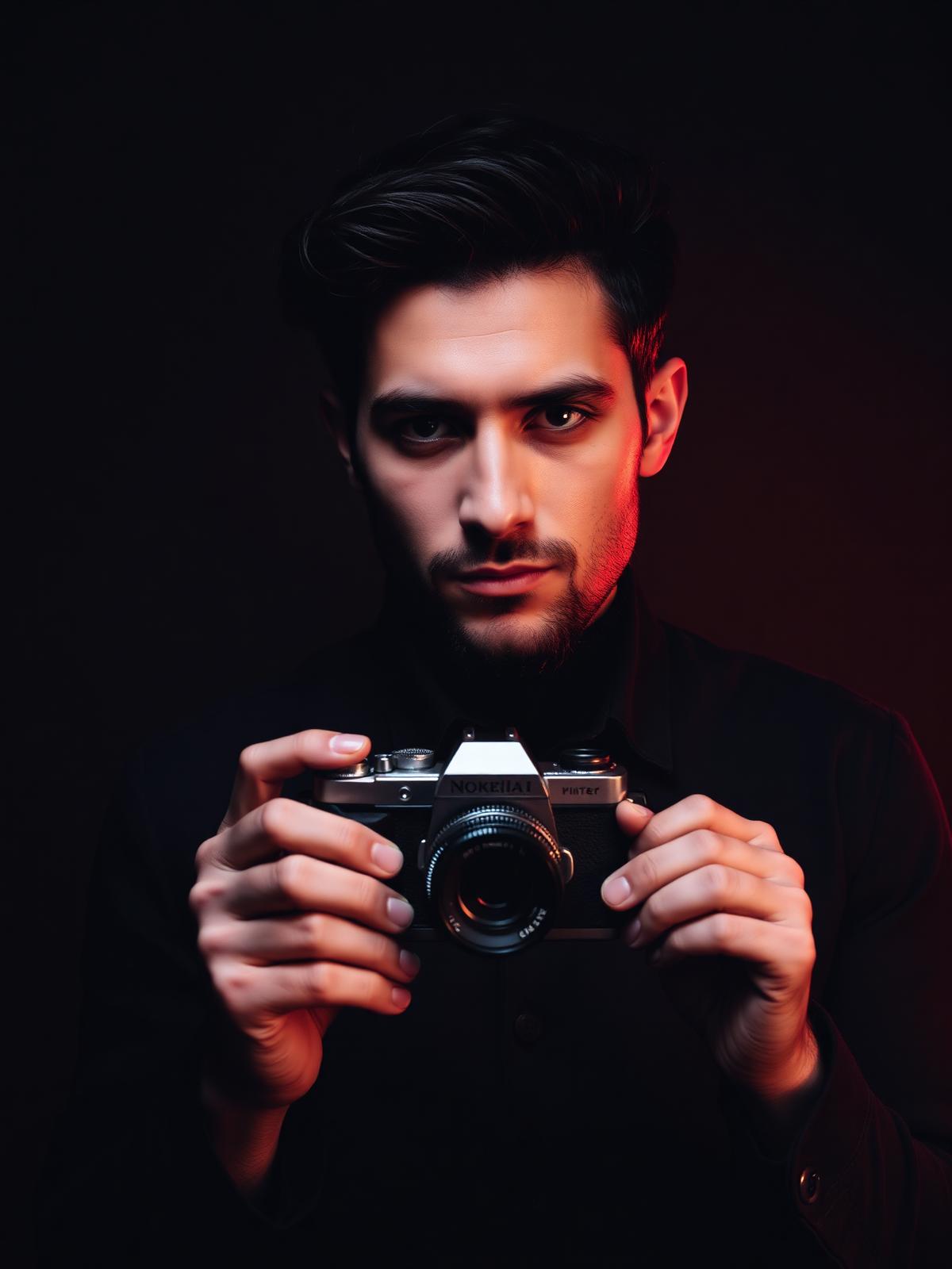 Studio photographer holding a vintage camera