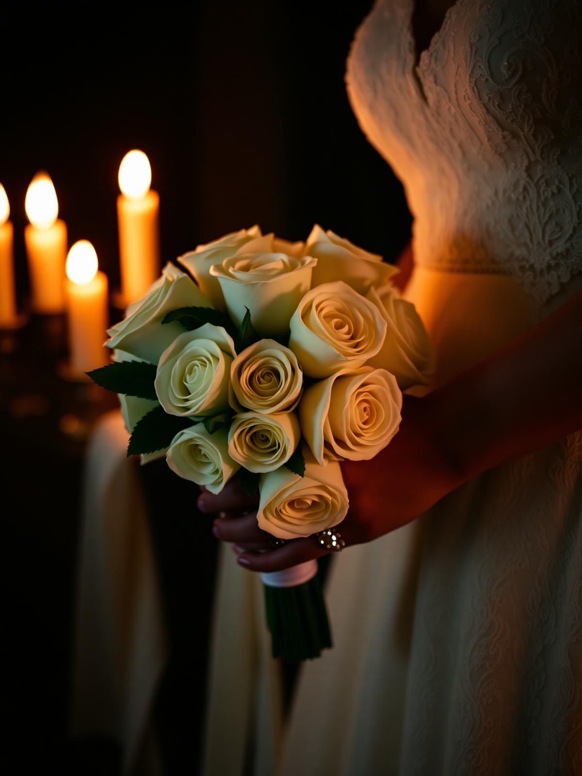 Bridal bouquet by candlelight
