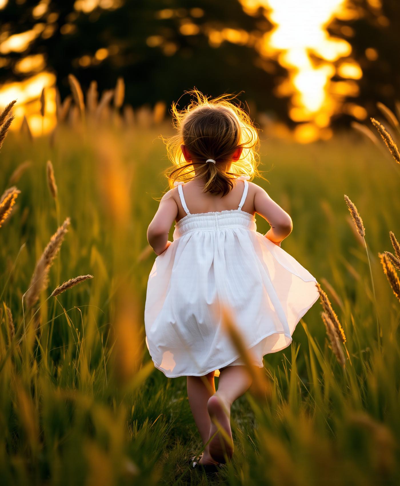 Girl running through tall grass
